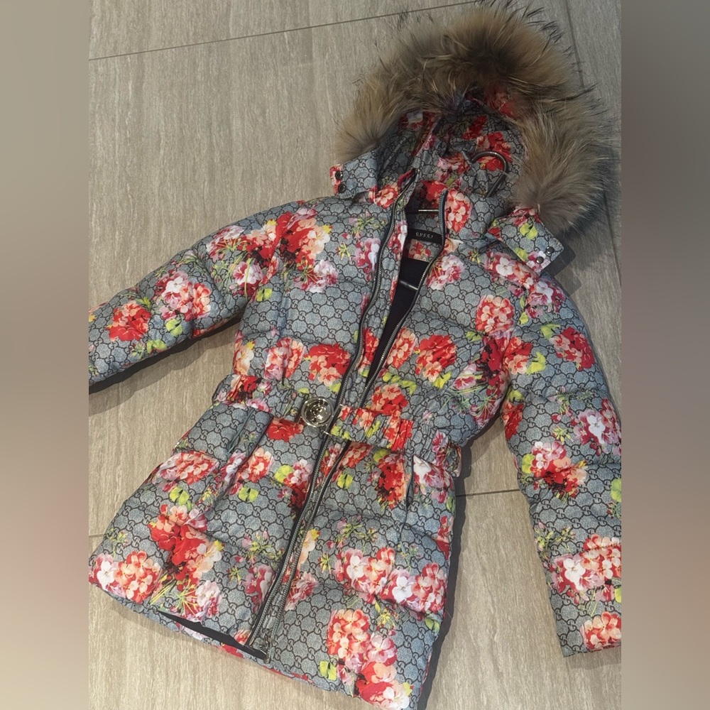 Girls Floral Puffer Jacket with Fur Trim
